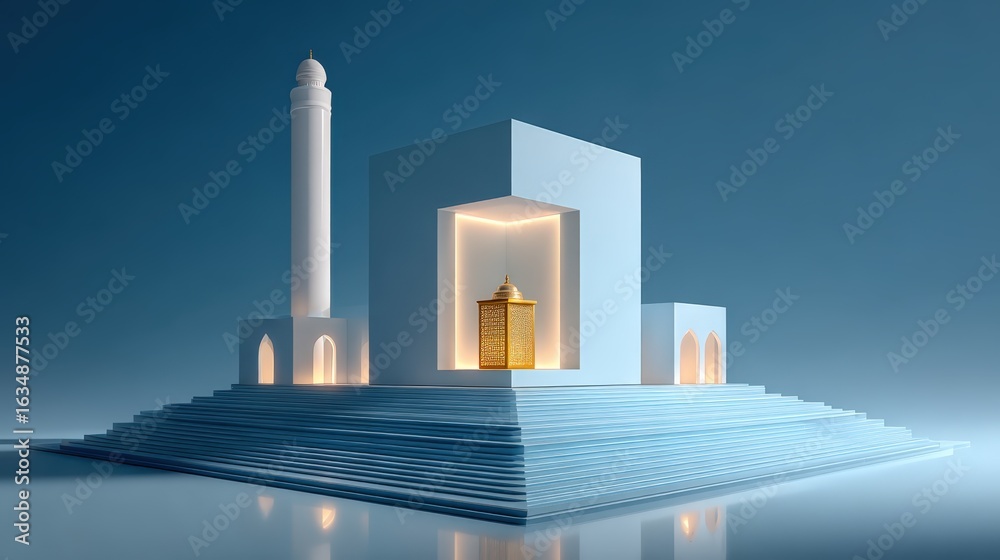 Fototapeta premium Minimal 3D representation of Friday mosque with neon-gold pulpit for Jumuah prayer