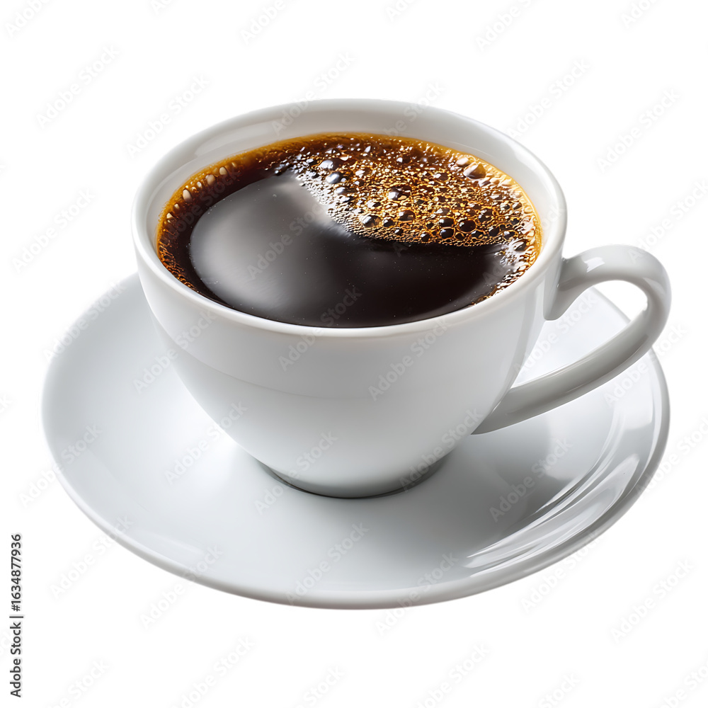 Fototapeta premium A white coffee cup filled with dark coffee sitting on a matching white saucer plate