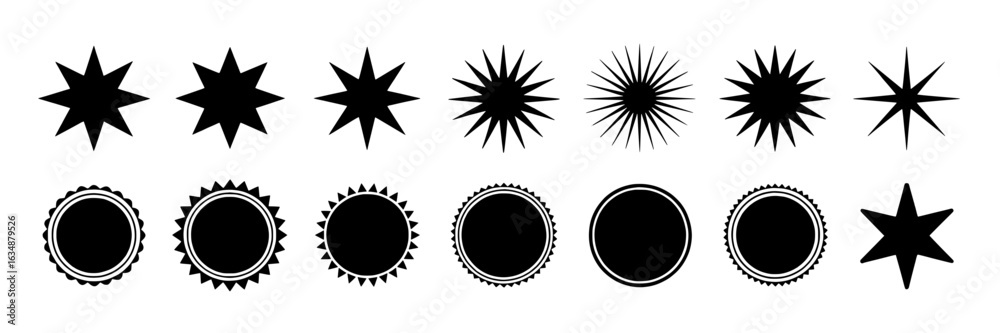 Fototapeta premium Black and white starburst and badge shape collection. Vector illustration set of star shapes, sunbursts, and circular badges with decorative borders. Design elements for logos, icons, and graphic desi
