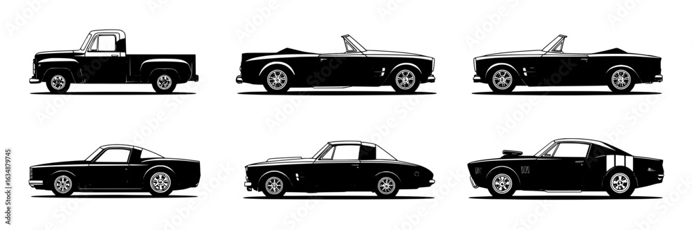 Obraz premium Set of monochrome vector illustrations of classic American cars. Collection of vintage pickup truck, convertible, and muscle car silhouettes. Side view, black and white drawings of automotive icons, d
