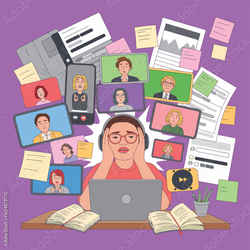 An illustration of a woman and a boy sitting at a desk, using a laptop for schoolwork