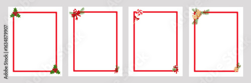 Vector blank holiday card templates with red frames decorated with festive ornaments, ideal for holiday messages, kids essays, menus, social media posts, packaging, childrens design, flyers, posters.