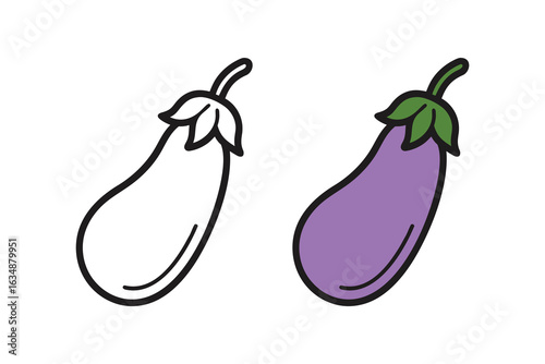 Eggplant Icon Set – Outline and Colored Vector Vegetable Illustration