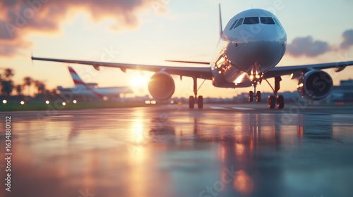 Airplane on runway at sunset reflecting warm light ready to take off for commercial aviation