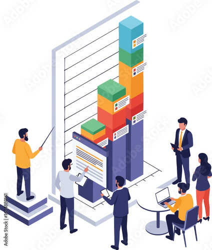 Business team analyzing stacked bar chart for business growth vector

