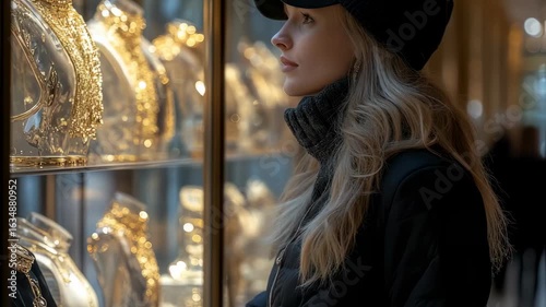 A blonde woman in a black hat admires gold jewelry in a shop window