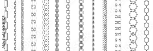 Chain vector set. Collection of various chain styles - oval, round, square, hexagon link shapes. Black and white line art illustration of metal chains, connection, security, jewelry design elements. S