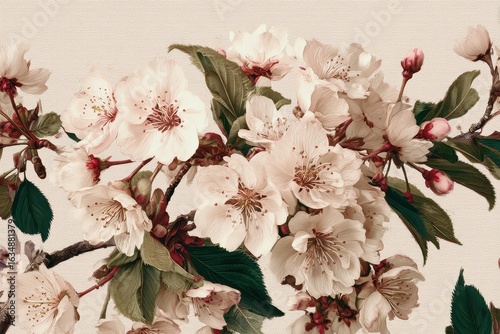 Delicate cherry blossoms create a stunning display against a soft cream colored background in a tranquil spring setting highlighting nature's beauty