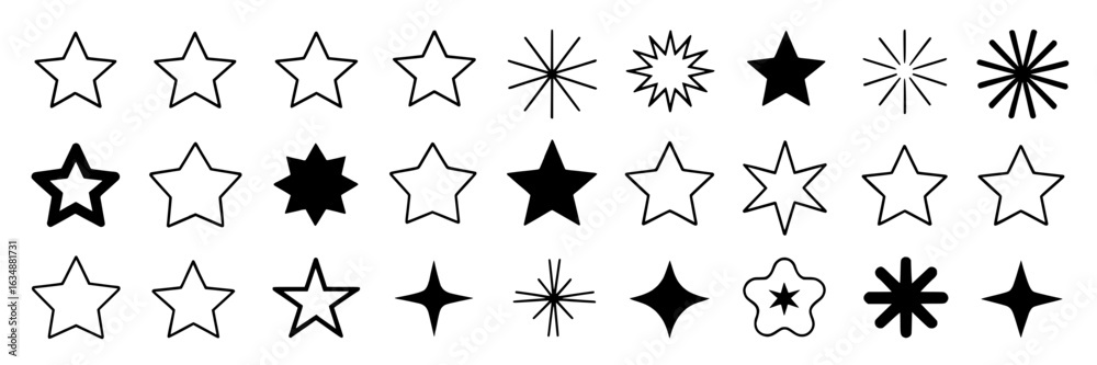 Star icons collection - vector set of various star shapes, sparkles, bursts, outlines, and solid fills. Black and white graphic design elements for ratings, decorations, and UI. Simple, minimalist sty