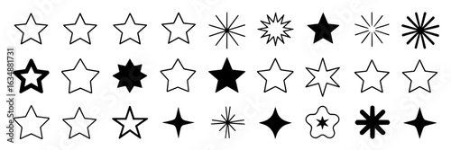 Star icons collection - vector set of various star shapes, sparkles, bursts, outlines, and solid fills. Black and white graphic design elements for ratings, decorations, and UI. Simple, minimalist sty