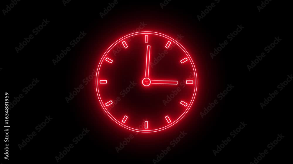 Glowing light neon red color clock icon animation timer analog clock watch dial timepiece circle countdown clockwise sign symbol on black background Glowing light neon red color clock icon animation timer analog clock watch dial timepiece circle countdown clockwise sign symbol on black background