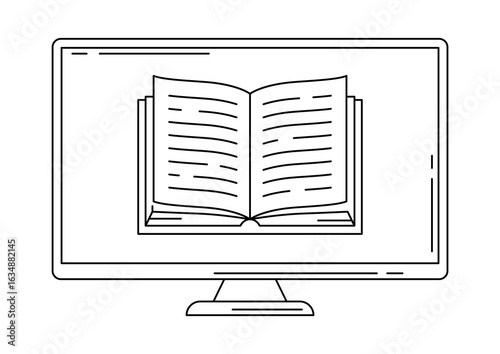 Monitor with open book. Digital library concept.