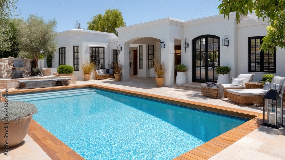Fototapeta premium Cozy patio featuring a swimming pool, modern seating, and lush greenery create a welcoming outdoor retreat for relaxation