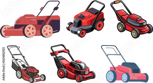 Vector Illustration of Modern Push Lawn Mower with Detailed Wheels and Ergonomic Handle. 