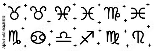 Zodiac signs astrology collection: Taurus, Aries, Pisces, Virgo, Gemini. Minimalist vector illustration set with stars, simple line art horoscopes, black and white. Celestial design elements for spiri