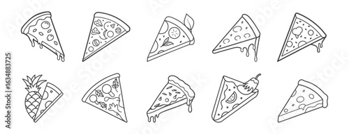 Pizza Slice Line Art Collection with Pepperoni Margherita Hawaiian Supreme and Cheese Variations Set
