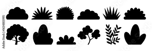 Set of monochrome vector bush and shrub silhouettes. Collection of black plant shapes, trees, leaves, grass, and foliage for landscape design elements. Simple flat vector graphic illustrations.