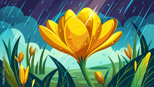  very beautiful Yellow crocus on background spring rain