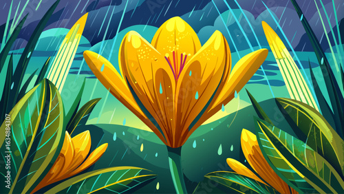  very beautiful Yellow crocus on background spring rain