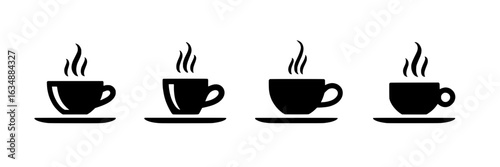 Four steaming coffee cups lined up on saucers, black vector icons on a white background