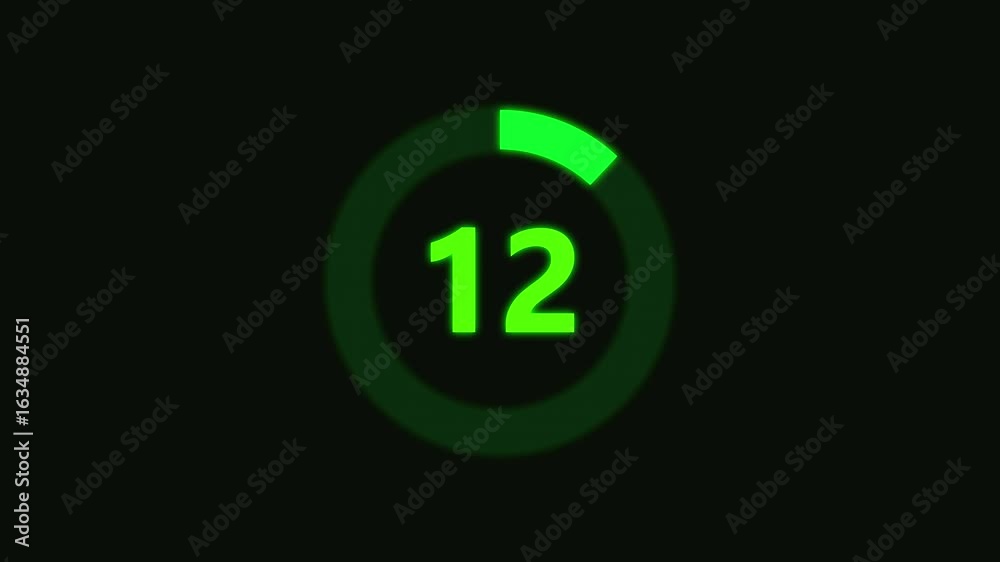 Numerical counting from 0 to 12. Circular progress bar with bright neon green light , countdown green animation timer circle countdown, live, stream, exercise, workout transparent background. Numerical counting from 0 to 12. Circular progress bar with bright neon green light , countdown green animation timer circle countdown, live, stream, exercise, workout transparent background.