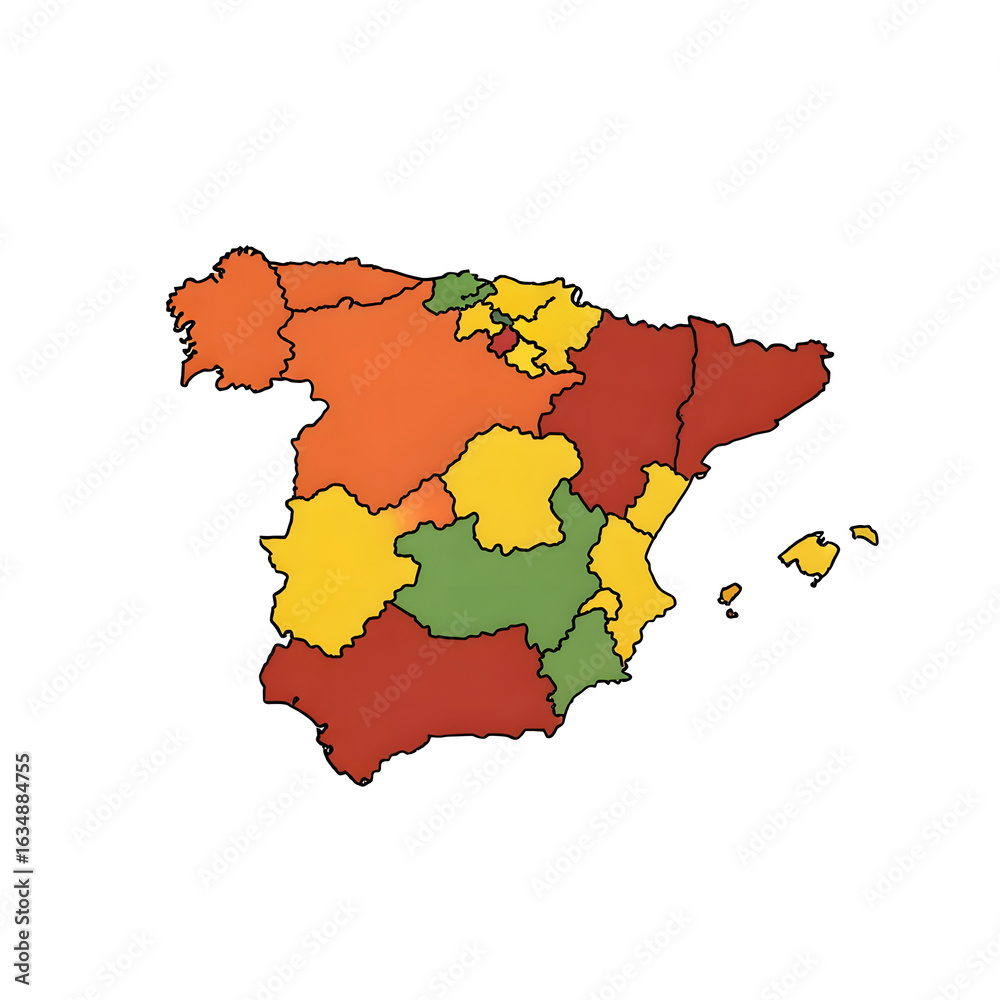 Fototapeta premium Color Coded Map of Spain Showing Regional Differences in Shades of Green Yellow and Red