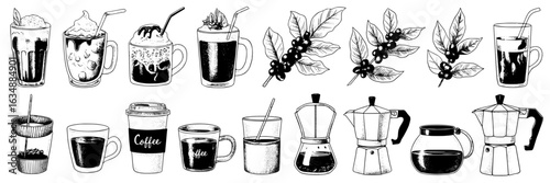 Hand-drawn coffee collection. Sketch illustration set - mugs, cups, iced coffee, coffee beans, branches, moka pot, glass, paper cup. Black ink drawing on white background.  Cafe, beverage, drink desig