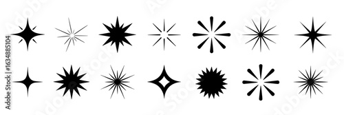 Set of twelve black and white vector sparkle and starburst icons. Collection of various monochrome star shapes, sparks, and glittering bursts with different line weights and point styles for graphic d