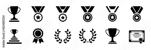 Award icons collection: trophy cups, star medals, ribbons, laurel wreaths, rosettes, and certificate. Black and white vector illustration set for achievement, victory, and recognition graphics.