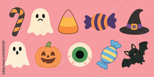 Cute Halloween Icon Set – Ghost, Pumpkin, Candy, Witch Hat, Bat, Eyeball, Trick or Treat Vector Clipart