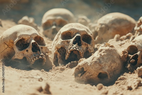 Human skulls scattered across dusty terrain reveal a haunting reminder of mortality and past lives, Bunch of Bones Human Skulls covering dusty ground, death conceptual backgound