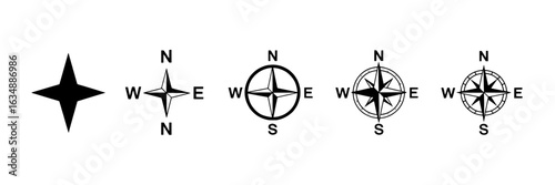 Compass rose and star vector collection. Set of black and white navigation icons and symbols with N, S, E, W directions. Simple, minimal design elements for maps, travel, and adventure.