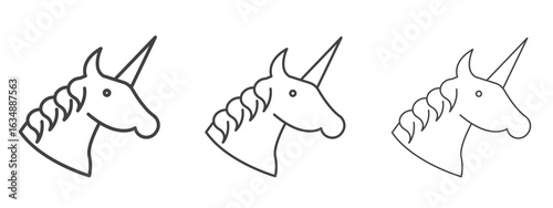 Unicorn icon in line art doodle style. Editable stroke outline sign, eps 10