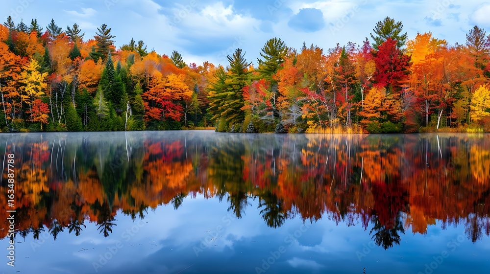 Obraz premium Vibrant Autumn Forest Reflecting in a Serene Misty Lake on a Crisp Morning