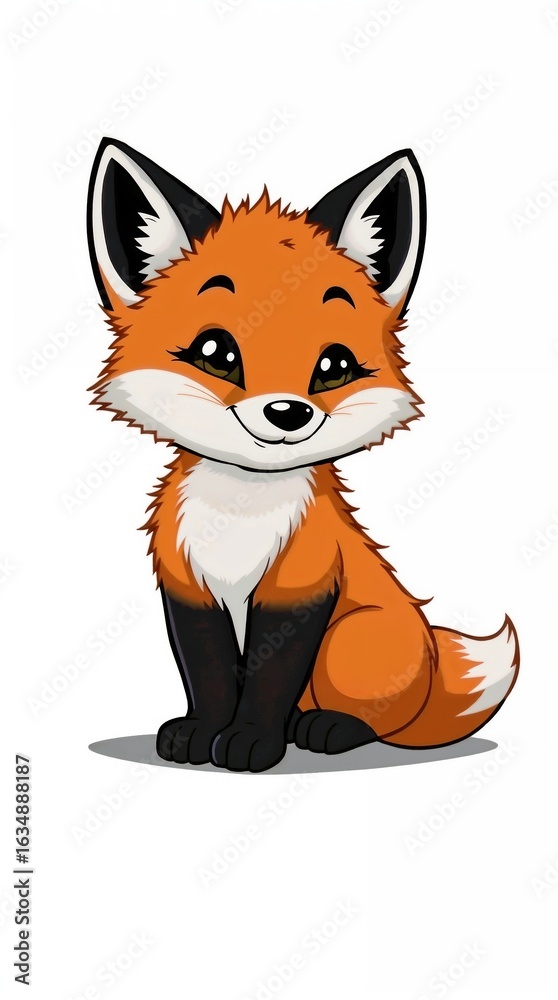 Fototapeta premium Cute Baby Fox Cartoon Illustration – Sitting Red Fox with Fluffy Tail on White Background