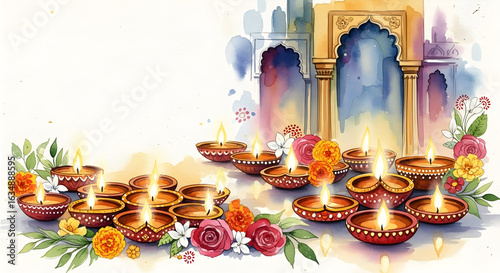 Diwali Decoration: Illustrative watercolor of traditional diyas illuminating in front of an intricate architectural background. Celebratory imagery expressing spirituality, and auspicious traditions.