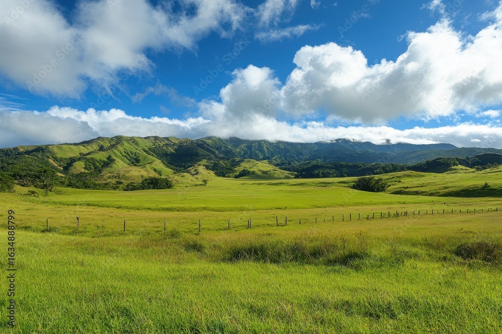 Fototapeta premium Lush green field under a bright sky with fluffy clouds surrounding distant mountains, serenity, green field and sky with clouds