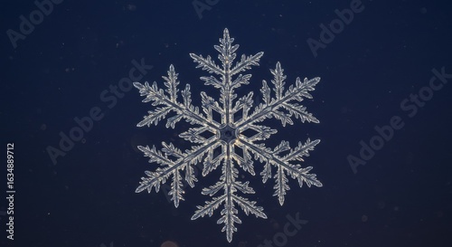 Intricate Ice Crystal Snowflake on Dark Blue Background Winter Holiday Design
