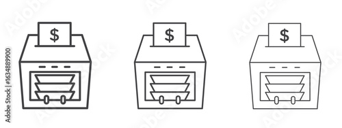 Money counting machine icon in line art doodle style. Editable stroke outline sign, eps 10