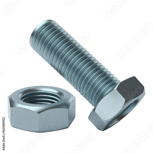 Metal hex bolt and nut isolated on transparent background