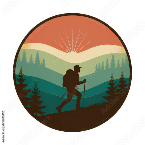 Silhouette Hiker Illustration with Retro Mountain Landscape Exploring Outdoors Adventure and Tranquility for Travel Enthusiasts