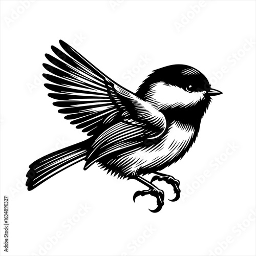 Black and White Chickadee Bird in Flight.