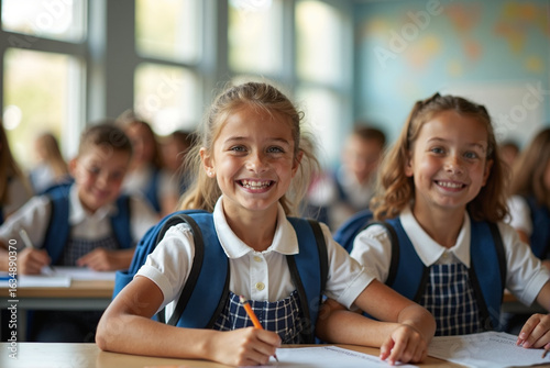 Groupe d’écoliers souriants en uniformes, assis à des pupitres avec sacs à dos, papiers et crayons, dans une classe lumineuse