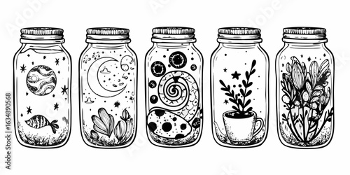 Whimsical jars filled with cosmic and botanical designs