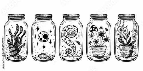 Whimsical jars containing nature and celestial elements