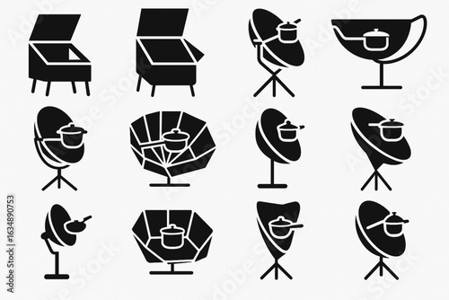 Solar Oven and Cooker Icons, Black Vector Silhouettes on White Background