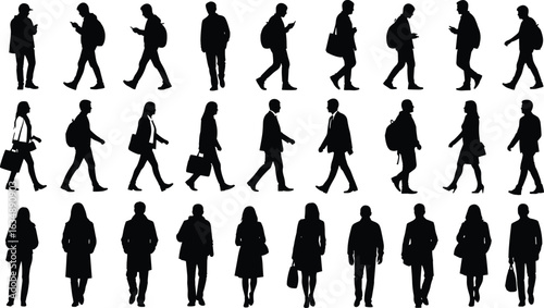 Diverse silhouettes of walking people, commuters, shoppers, and travelers in various poses and carrying bags, backpacks, and phones, depicting urban life.