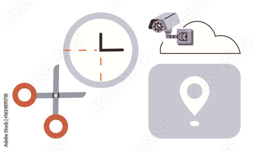 Clock, scissors, surveillance camera, cloud, and location pin representing data privacy, control, time management, digital tracking or monitoring. Ideal for security privacy technology control