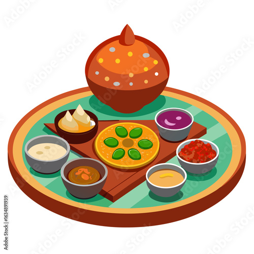 A vector of Indian thali with multiple dishes, white background