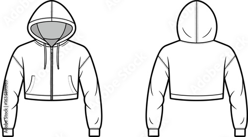 Cropped hoodie with front zipper, drawstring hood, long sleeves, kangaroo pockets, ribbed cuffs, casual streetwear, unisex sweatshirt design